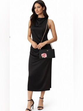 Elegant Black Satin Midi Dress Draped Neck Ruched Side Cocktail Evening .Size 12